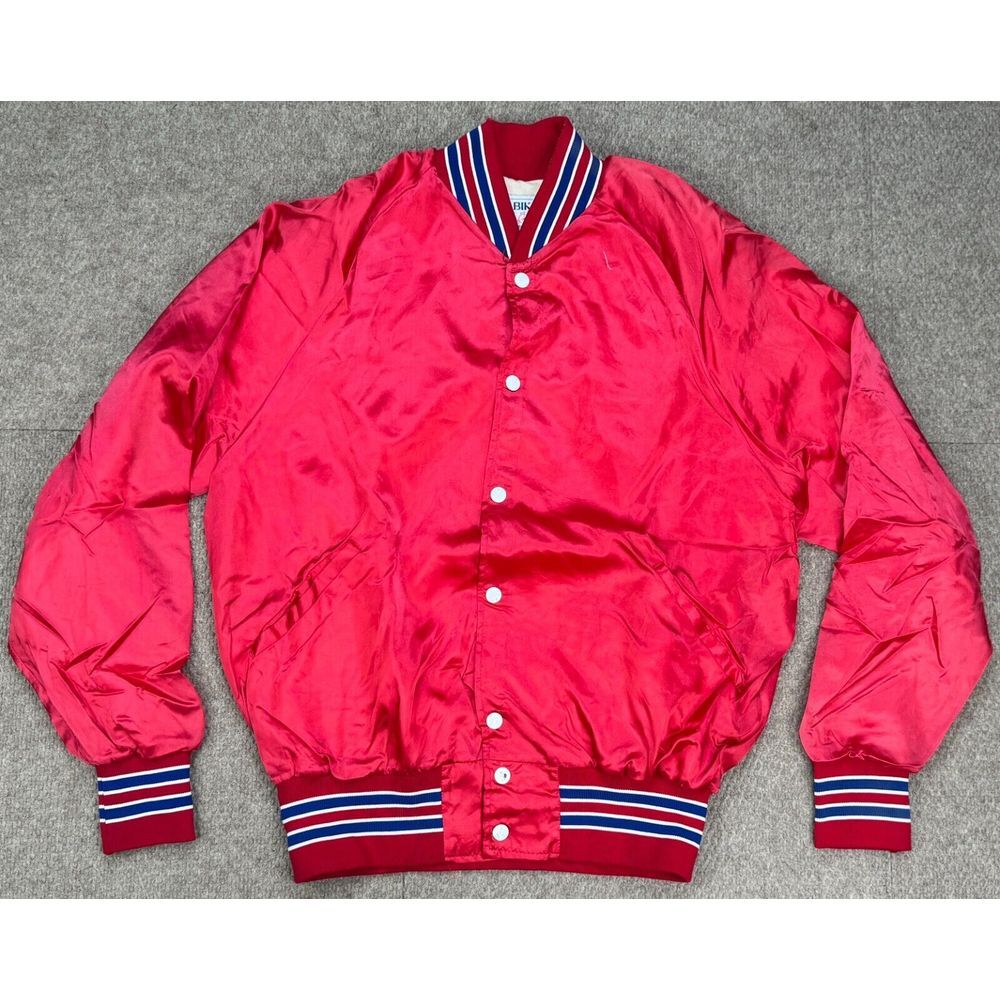 Bike Men's Vtg Snap Button Satin‎ Bomber Jacket Made In USA Size L